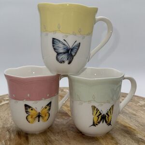Lenox Butterfly Meadow 3 Piece Mug Set Boho Cottage French Country Pink Blue